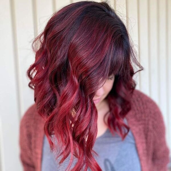 Asymmetric Burgundy Bob - a woman wearing cardigan.
