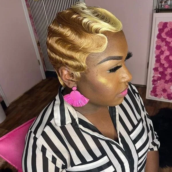 Blonde finger waves on short hair showcasing professional weave technique