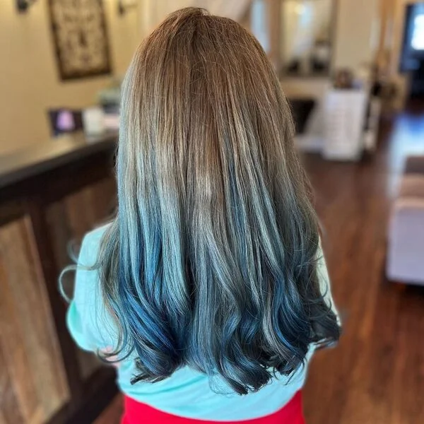 blue highlights ombre hair - gradient blue hair color technique with curls