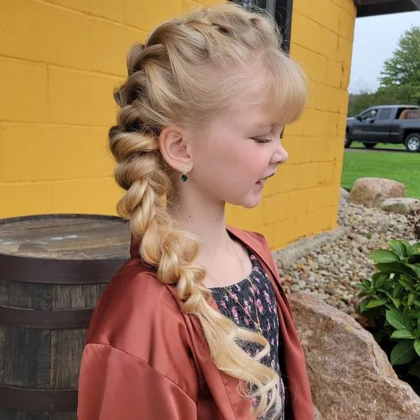 Cute Full Dutch Braids - a girl is wearing rusty silk robe.
