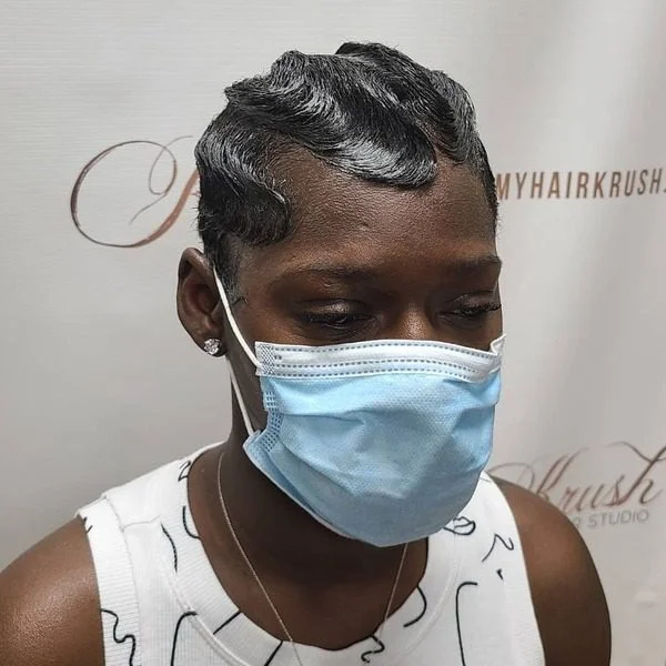 Dry Finger Waves on Black Women - a woman wearing mask in white tank top.