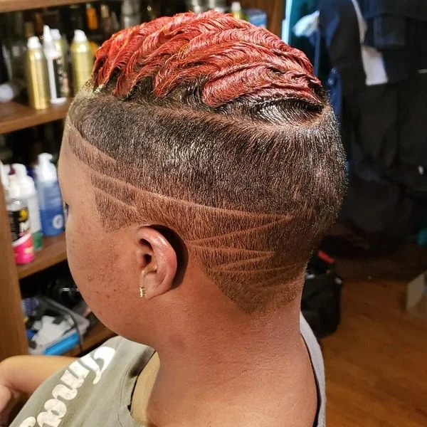 Dyed Finger Wave Top Undercut - a woman wearing printed shirt.