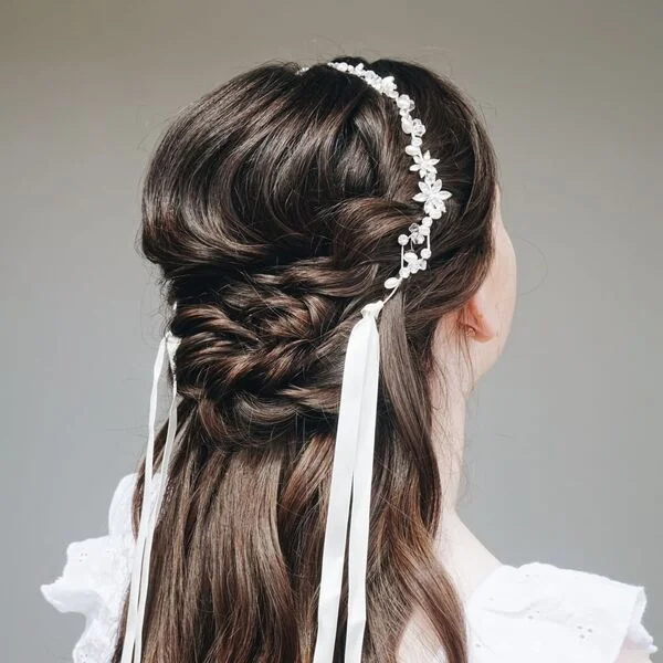 Floral Ribbon Lace on Braided Half - a girl is wearing white eyelet dress.
