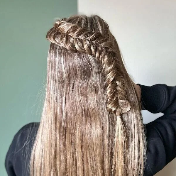 Half Slant Fishbone Braids - a woman wearing black sweater.