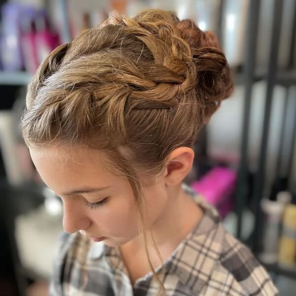 loose Dutch braid bun - elegant braided updo flower girl hairstyle with twisted bun