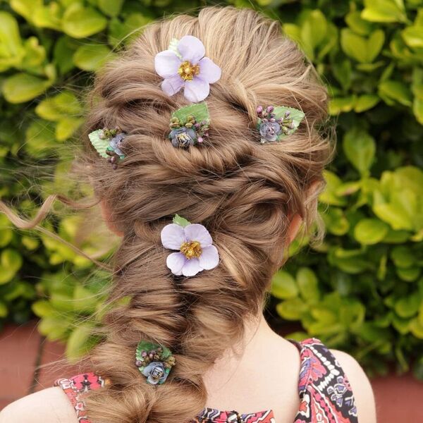 Messy Rapunzel Braids - a girl is wearing printed red dress.