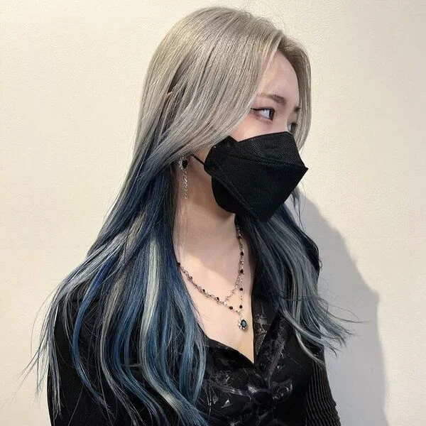 Peekaboo Blue Ombre Highlights - a woman wearing black mask in long sleeves top.