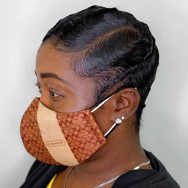 Rogue Finger Waves - a woman wearing black hood jacket with Coach mask.