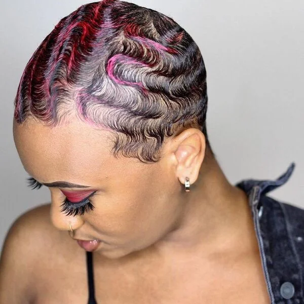 Scattered Helix Finger Curls - a woman wearing black tank top with denim jacket.