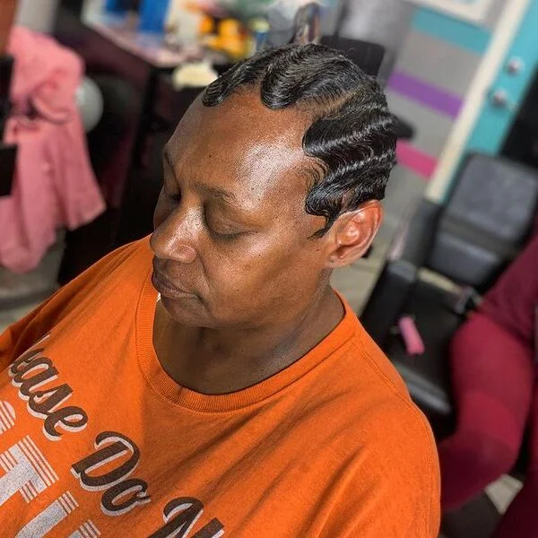 Short Hair Finger Waves - a woman wearing orange shirt.