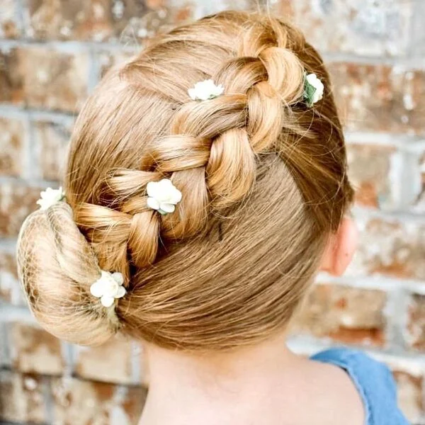 Side Bun Braids - a girl is wearing denim dress.
