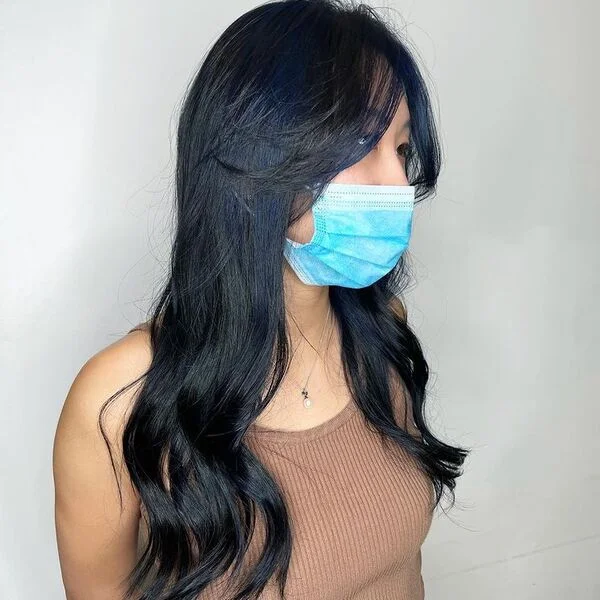 Sophisticated Dark Blue Highlights - a woman wearing brown tank top.